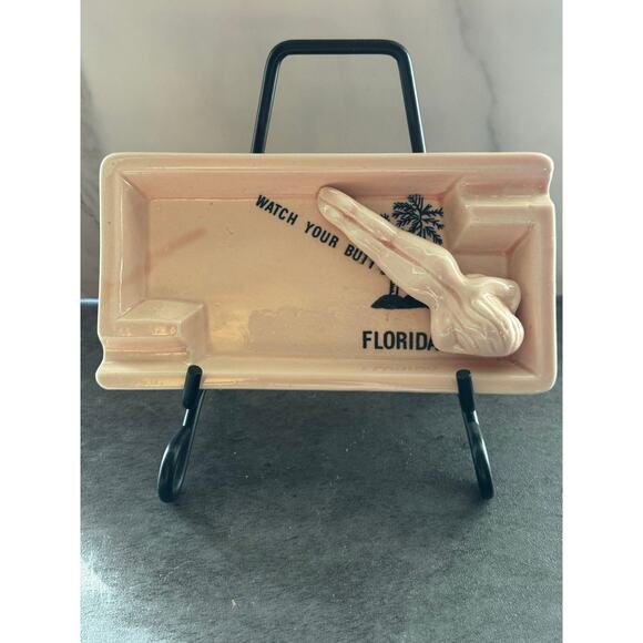 Vintage Souvenir Ashtray Kitsch Watch Your Butt Florida Palm Trees - Picture 1 of 7